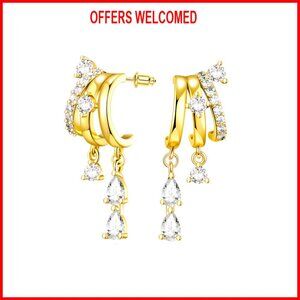 Triple Huggie Stacked Drop Dangle Earrings Gold Chain CZ Stones Statement